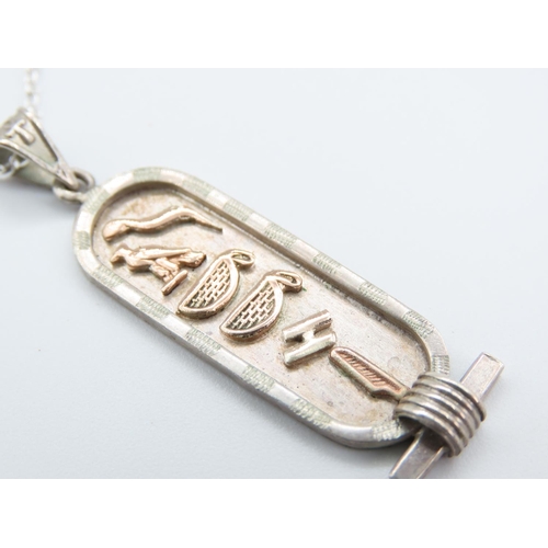 373 - 9 Carat Rose Decorated Silver Hieroglyphic Motif Pendant Set on Silver Chain 50cm Long