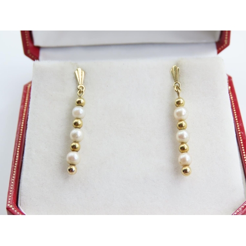 376 - Pair of 9 Carat Gold and Seed Pearl Drop Earrings Each 2.5cm Drop