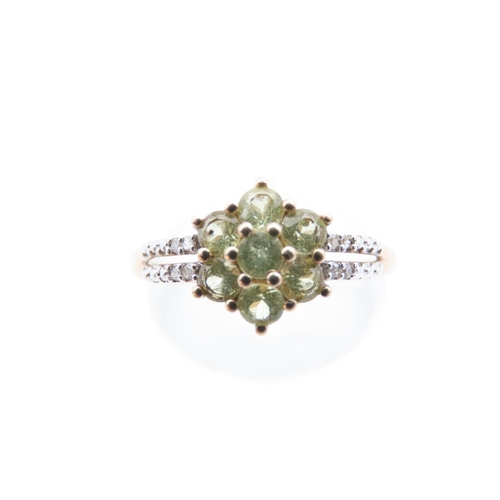 39 - Peridot and Diamond Ladies Cluster Ring Mounted on 9 Carat Yellow Gold Band Ring Size N
