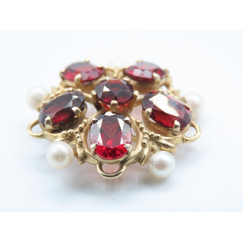 6 - Pearl and Garnet Set Ladies Brooch Attractively Detailed Mounted on 9 Carat Yellow Gold Throughout 3... 