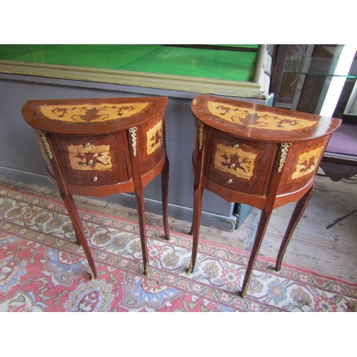 687 - Pair of Marquetry Decorated Demi-Lune Side Lockers Three Drawer Each Approximately 14 Inches Wide x ... 