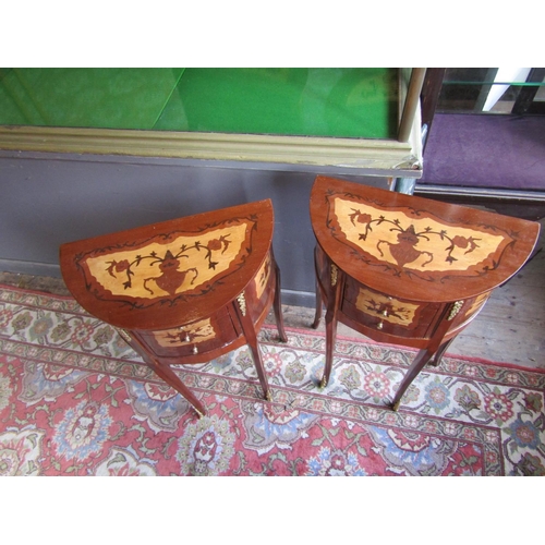 687 - Pair of Marquetry Decorated Demi-Lune Side Lockers Three Drawer Each Approximately 14 Inches Wide x ... 