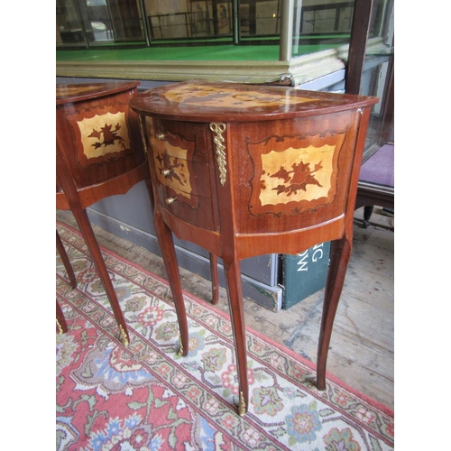 687 - Pair of Marquetry Decorated Demi-Lune Side Lockers Three Drawer Each Approximately 14 Inches Wide x ... 