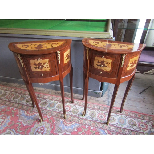 687 - Pair of Marquetry Decorated Demi-Lune Side Lockers Three Drawer Each Approximately 14 Inches Wide x ... 