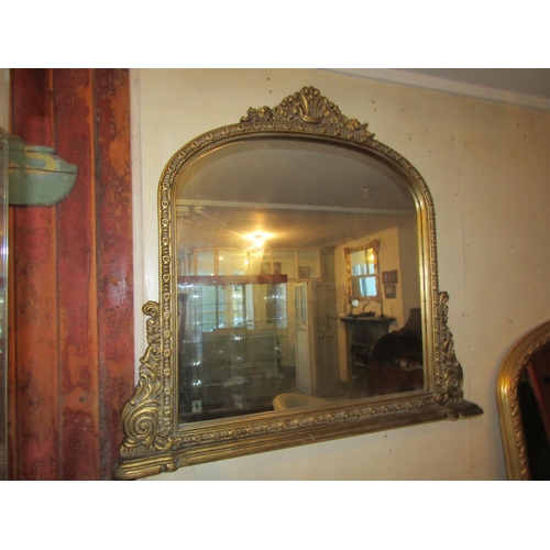 689 - Carved Giltwood Overmantle Mirror Upper Cartouche Decoration Side Carvings Approximately 4ft Wide x ... 