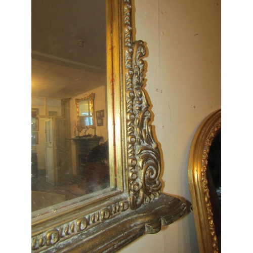 689 - Carved Giltwood Overmantle Mirror Upper Cartouche Decoration Side Carvings Approximately 4ft Wide x ... 