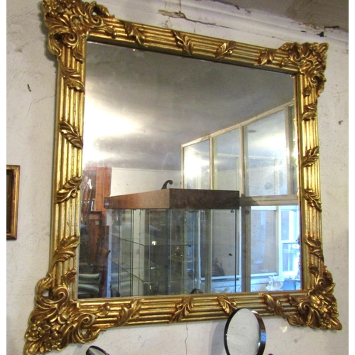 692 - Square Form Carved Giltwood Wall Mirror Reeded Surround Decoration Approximately 3ft x 3ft