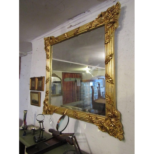 692 - Square Form Carved Giltwood Wall Mirror Reeded Surround Decoration Approximately 3ft x 3ft