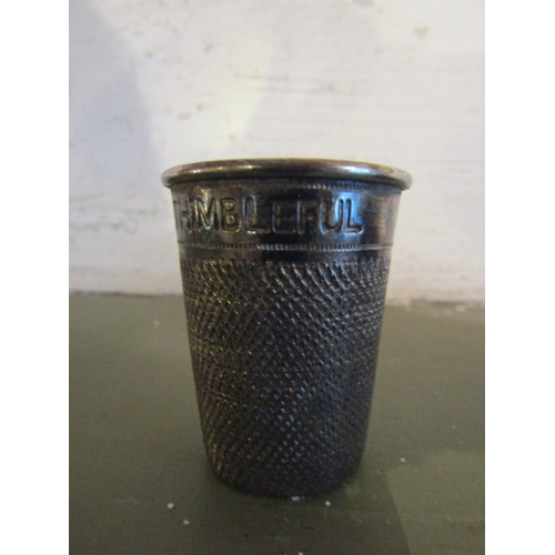 698 - Silver Whiskey Tot Engraved with Lettering Just a Thimble Full Approximately 3 Inches High