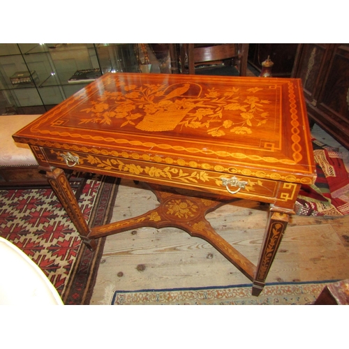 701 - Marquetry Decorated Table Single Long Drawer above Further Marquetry Decorated Supports X Frame Cros... 