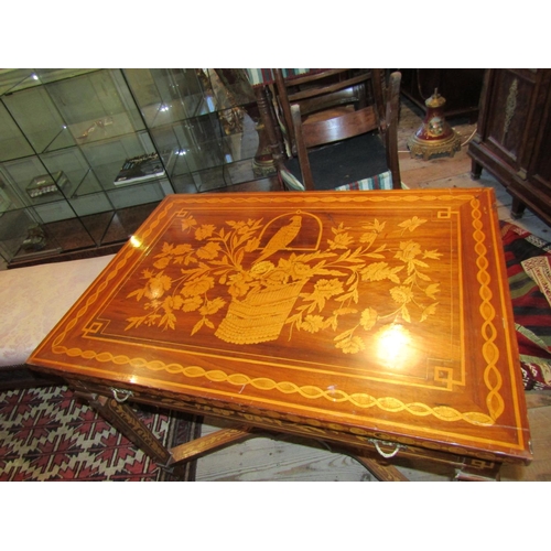 701 - Marquetry Decorated Table Single Long Drawer above Further Marquetry Decorated Supports X Frame Cros... 