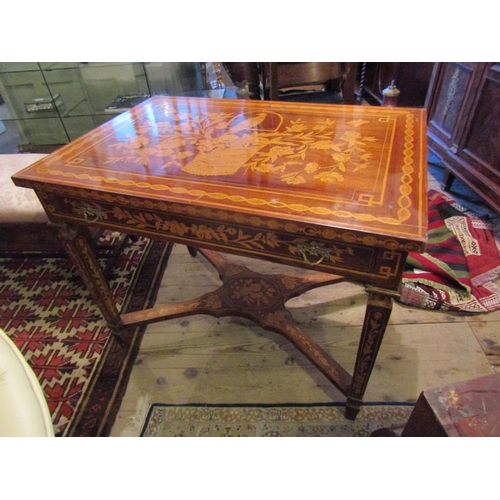 701 - Marquetry Decorated Table Single Long Drawer above Further Marquetry Decorated Supports X Frame Cros... 