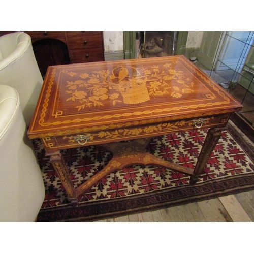 701 - Marquetry Decorated Table Single Long Drawer above Further Marquetry Decorated Supports X Frame Cros... 