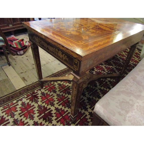 701 - Marquetry Decorated Table Single Long Drawer above Further Marquetry Decorated Supports X Frame Cros... 