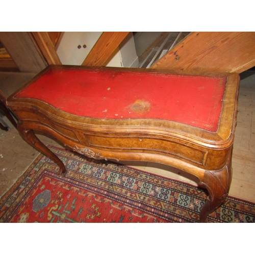 703 - Burr Walnut Serpentine Front Side Desk Table Cabriole Supports Twin Drawers to Frieze Approximately ... 