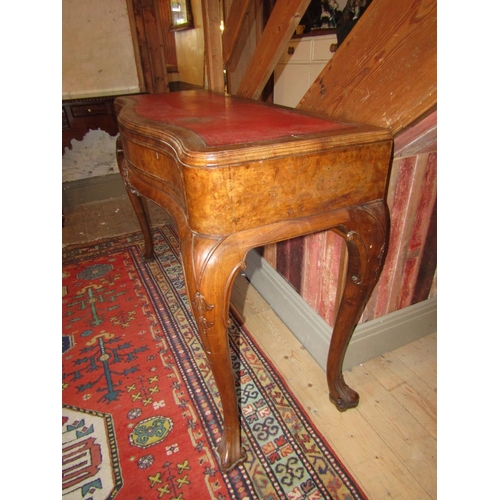 703 - Burr Walnut Serpentine Front Side Desk Table Cabriole Supports Twin Drawers to Frieze Approximately ... 