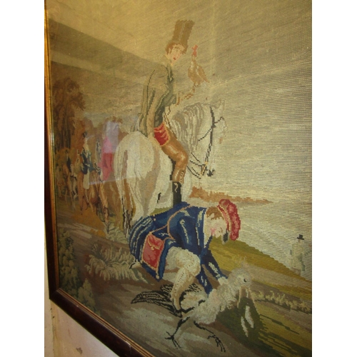 713 - Victorian Large Form Rosewood Frame Needlepoint Panel Depicting Falconer on Horseback with Prey Pane... 