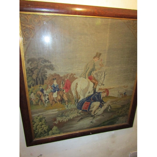 713 - Victorian Large Form Rosewood Frame Needlepoint Panel Depicting Falconer on Horseback with Prey Pane... 