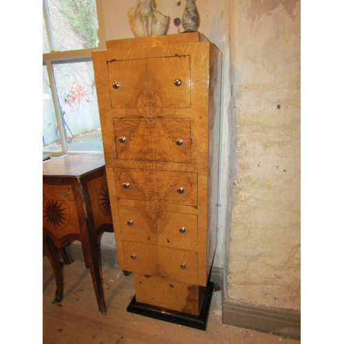 714 - Maple Five Drawer Tall Chest Ebonised Platform Base Approximately 5ft 6 Inches High x 16 Inches Wide