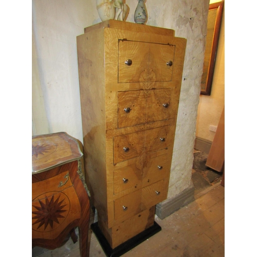 714 - Maple Five Drawer Tall Chest Ebonised Platform Base Approximately 5ft 6 Inches High x 16 Inches Wide