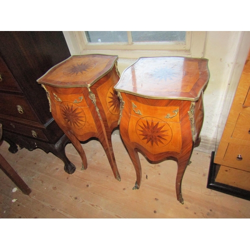 715 - Pair of Kingswood Marquetry Decorated Side Stands Single Drawers above Cupboard Bases Shaped Support... 