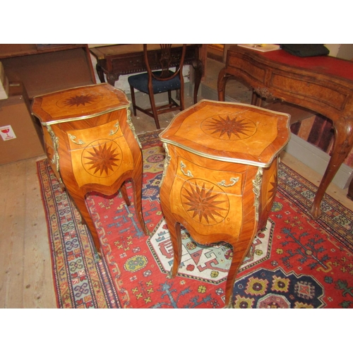 715 - Pair of Kingswood Marquetry Decorated Side Stands Single Drawers above Cupboard Bases Shaped Support... 