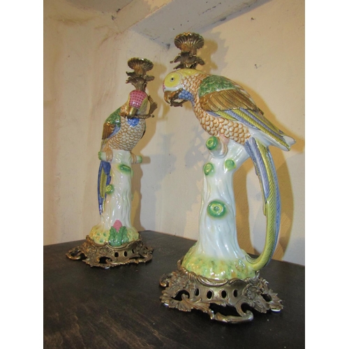 717 - Pair of Ormolu Mounted Fine Porcelain Parrot Motif Candle Rests Each Approximately 16 Inches High