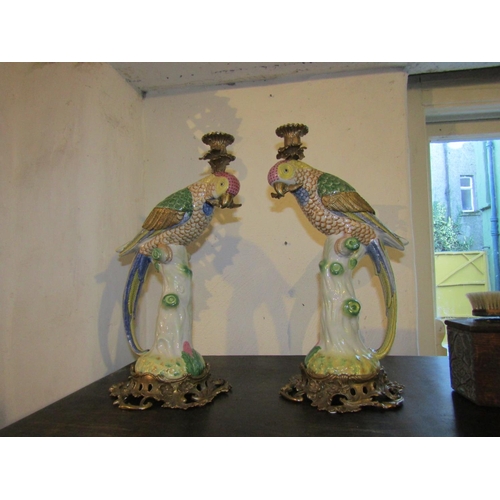 717 - Pair of Ormolu Mounted Fine Porcelain Parrot Motif Candle Rests Each Approximately 16 Inches High