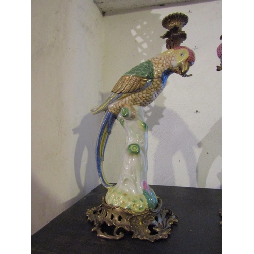 717 - Pair of Ormolu Mounted Fine Porcelain Parrot Motif Candle Rests Each Approximately 16 Inches High