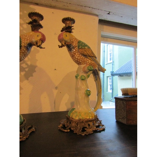 717 - Pair of Ormolu Mounted Fine Porcelain Parrot Motif Candle Rests Each Approximately 16 Inches High