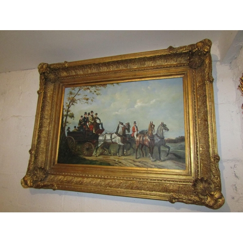 718 - Large Gilt Framed Picture Coaching Scene Oil on Canvas Coaching Scene Canvas Size Approximately 24 I... 