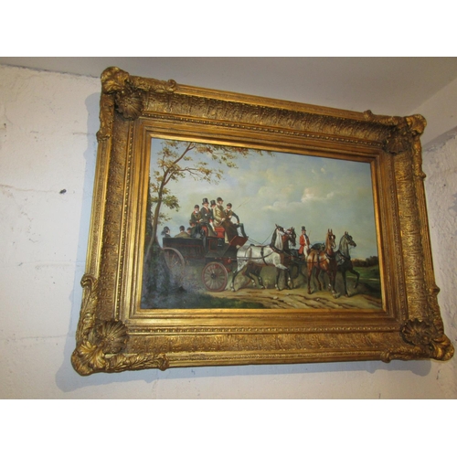 718 - Large Gilt Framed Picture Coaching Scene Oil on Canvas Coaching Scene Canvas Size Approximately 24 I... 