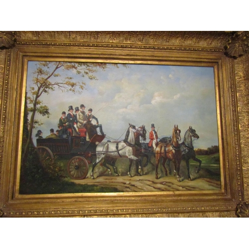 718 - Large Gilt Framed Picture Coaching Scene Oil on Canvas Coaching Scene Canvas Size Approximately 24 I... 