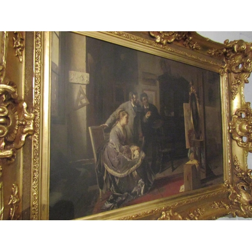 721 - Large Gilt Framed Oleograph Interior Scene Approximately 24 Inches Wide x 34 Inches Wide contained w... 