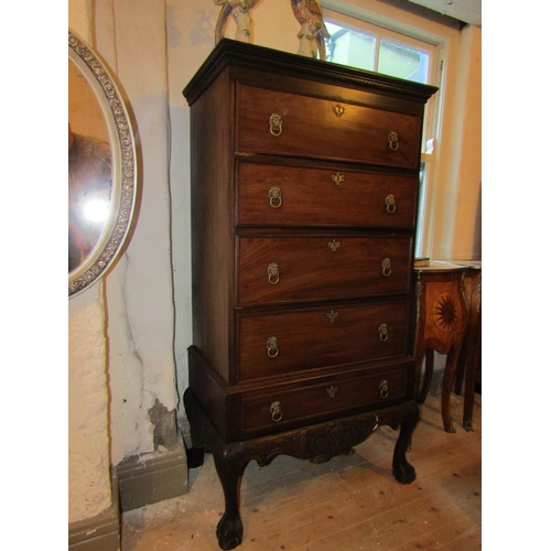 725 - Irish Chippendale Tall Chest Five Graduated Drawers above Well Carved Frieze Antique Approximately 5... 