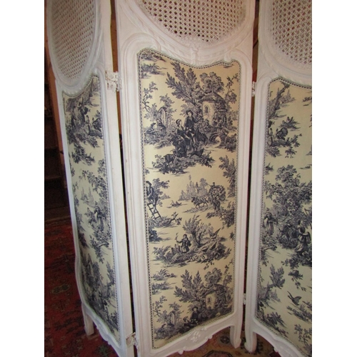 728 - Fabric Inset Panel Cream Painted Bergere Inset Tri Folding Room Screen Approximately 6ft High x 4ft ... 