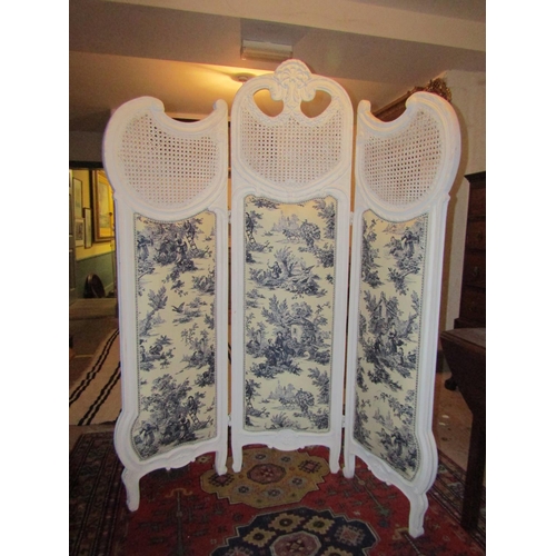 728 - Fabric Inset Panel Cream Painted Bergere Inset Tri Folding Room Screen Approximately 6ft High x 4ft ... 