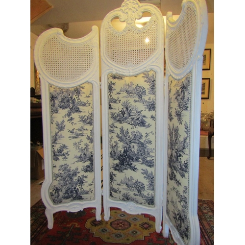 728 - Fabric Inset Panel Cream Painted Bergere Inset Tri Folding Room Screen Approximately 6ft High x 4ft ... 