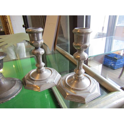 730 - Pair of Turned Pedestal Silver Candle Sticks and Another Pair Silver Plated