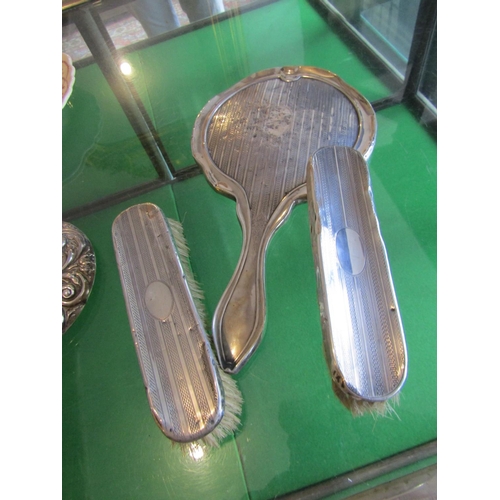 731 - Silver Mounted Ladies Hand Mirror with Two Silver Mounted Clothes Brushes Three Items in Lot