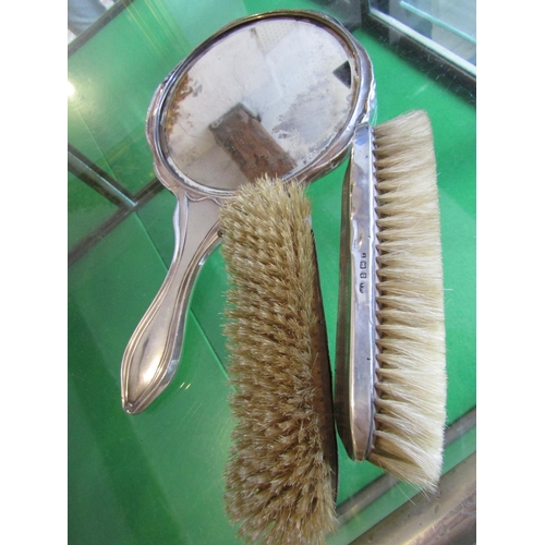 731 - Silver Mounted Ladies Hand Mirror with Two Silver Mounted Clothes Brushes Three Items in Lot