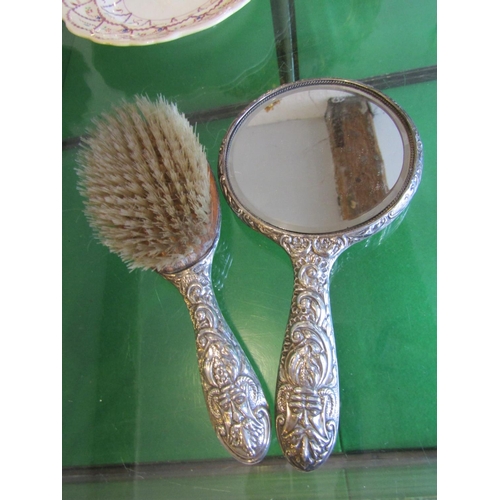 732 - Ladies Victorian Silver Mounted Hand Mirror with Matching Silver Hairbrush Two Items in Lot