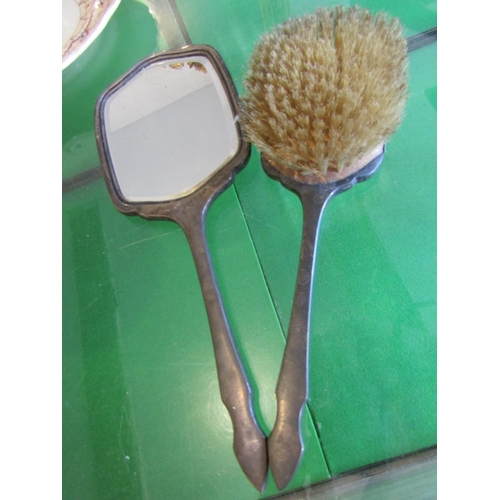 733 - Enamel Decorated Silver Mounted Ladies Hand Mirror and Hairbrush