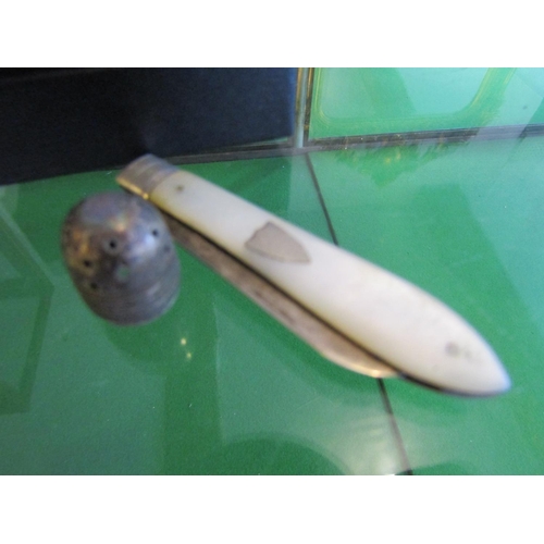 735 - Ladies Silver Mother of Pearl Inset Fruit Knife and Silver Finger Thimble Two Items in Lot