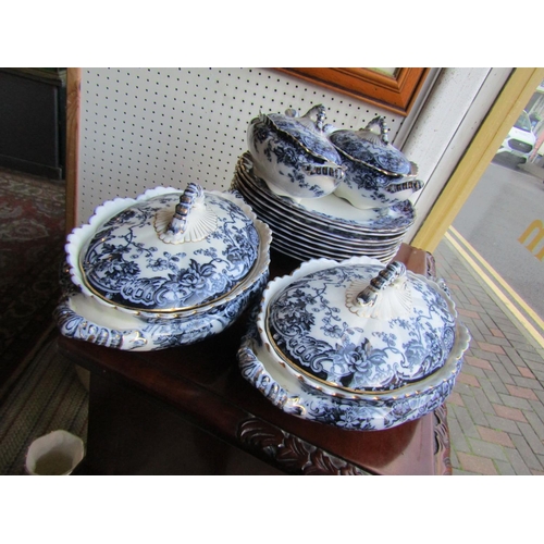 737 - Chatsworth Pattern Blue and White Tureens with Dinner Plates and Tureen Spoon Quantity As Photograph... 