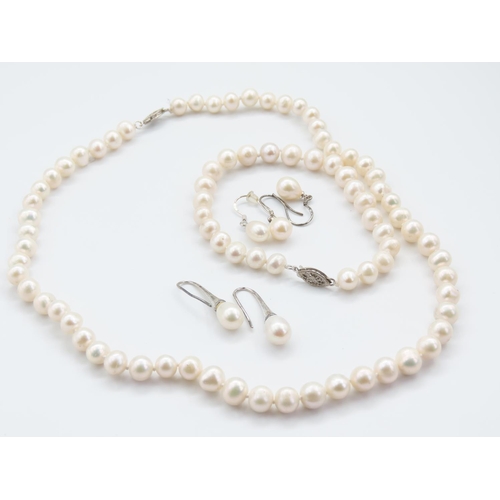 83 - Silver Mounted Ladies Pearl Necklace with Matching Silver Mounted Pearl Bracelet Two Pairs of Pearl ... 