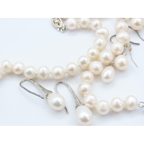 83 - Silver Mounted Ladies Pearl Necklace with Matching Silver Mounted Pearl Bracelet Two Pairs of Pearl ... 