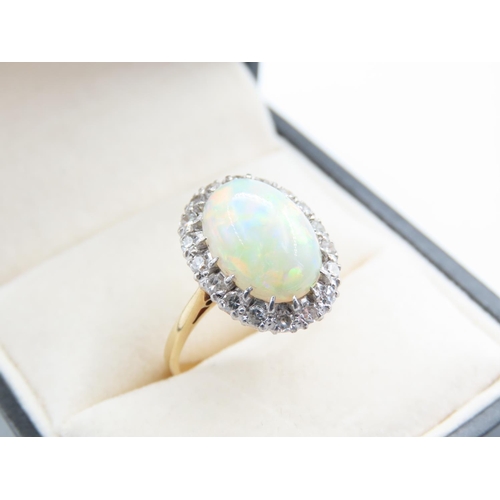18 Carat Yellow Gold Opal and Diamond Cluster Ring Opal of Attractive Pin Fire Ring Size O Diamonds Platinum Set