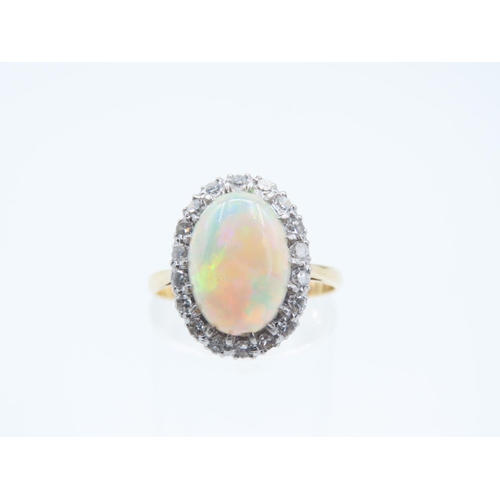 84 - 18 Carat Yellow Gold Opal and Diamond Cluster Ring Opal of Attractive Pin Fire Ring Size O Diamonds ... 