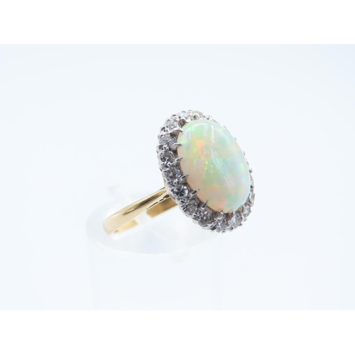 84 - 18 Carat Yellow Gold Opal and Diamond Cluster Ring Opal of Attractive Pin Fire Ring Size O Diamonds ... 